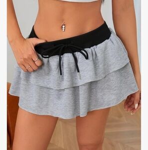 Gray Ruffle Mini Skort with Black Waistband